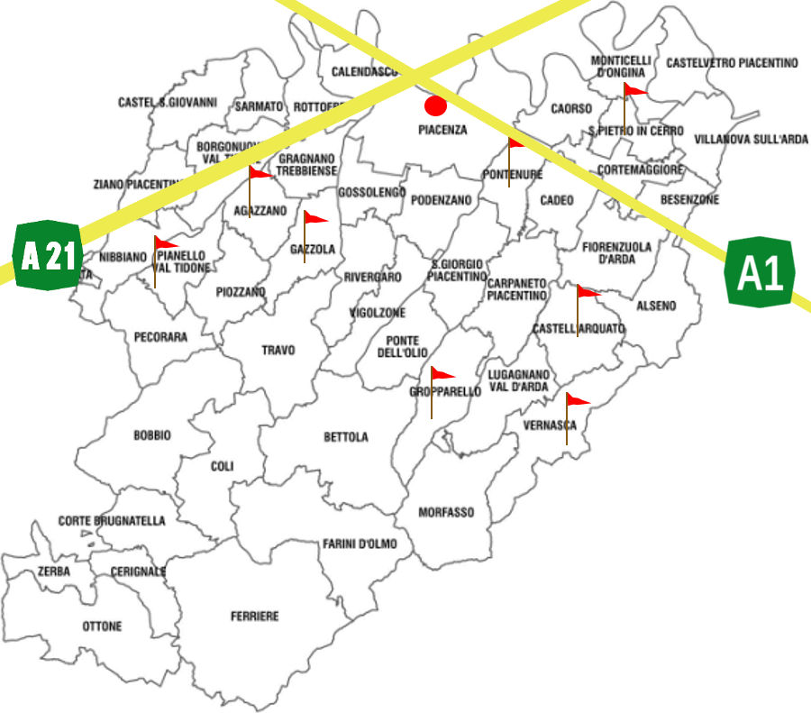 CASTELLI DEL DUCATO - dislocazione approssimativa località citate provincia Piacenza